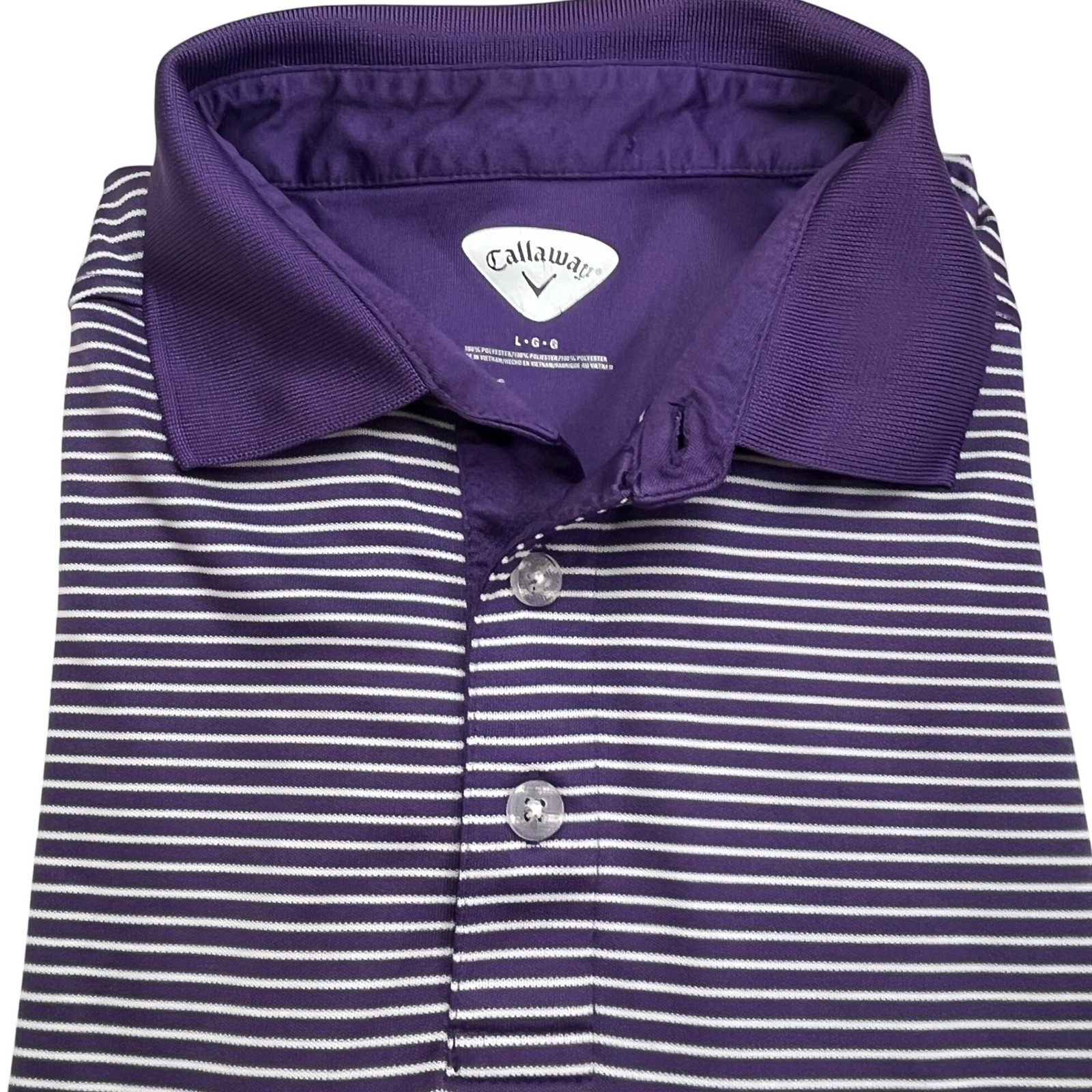 Callaway Mens L Golf Polo Shirt Purple White Striped Performance Stretch Golf